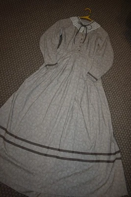 Civil War Victorian Cotton Day Dress Handmade Putty/Taupe wLace Collar -XS/S - Image 1 of 4