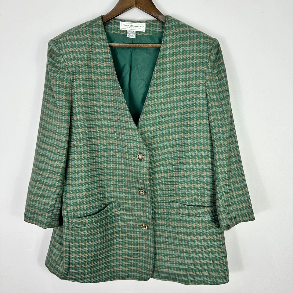 Blazer Vintage Maggie Lawrence 14/16W Verde Pata de Gallo Cuadros Preppy Dinero Antiguo Foto 1 de 4