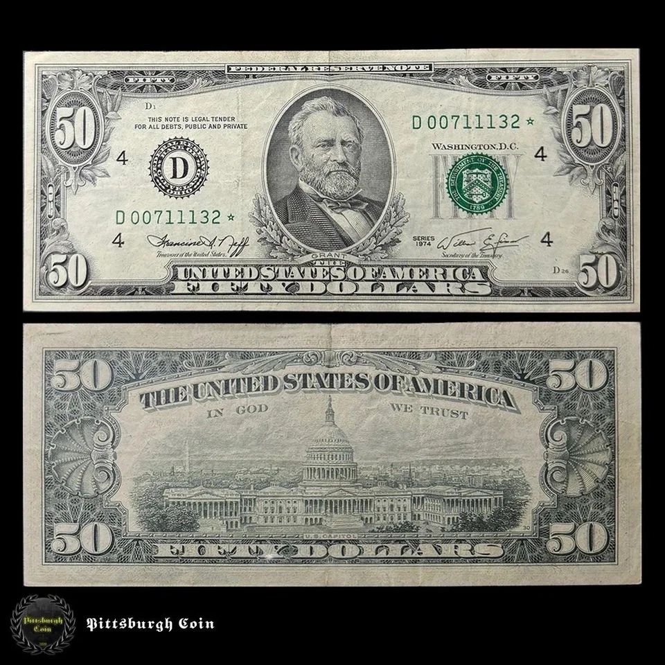 1974 $50 Fifty Dollar Bill Star Note Cleveland OH Vintage Banknote FR 2118-D* D4 - Image 1 of 2