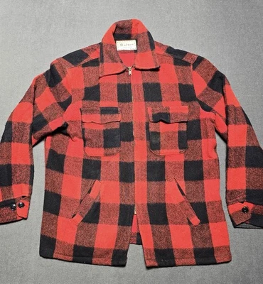 Vintage 60s Melton Mackinaw Buffalo Check Hunting Jacket Red Sz Large 42 Zip Up - Image 1 of 4