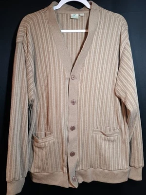 Haband Brown Striped Button Down Cardigan Mens Large Long Sleeve Pockets Layers - Image 1 of 4