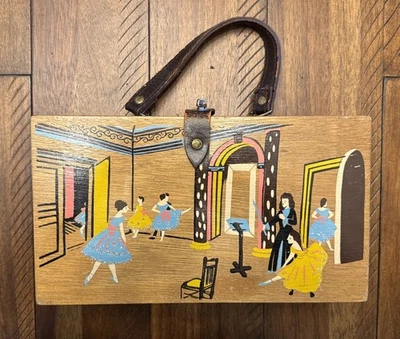 VTG  1950's Hand-Painted Ballerina Dovetail Wood Purse Hinged Lid Box - Image 1 of 4
