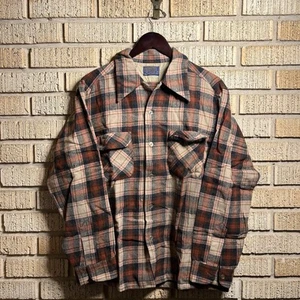 Pendleton Vintage Wool Board Shirt Beige Flannel Plaid Loop Collar Flap Pocket L - Picture 1 of 5