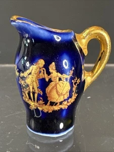 Miniature Limoges Cobalt And Gold 1 1/4” Pitcher Courting Couple  - Picture 1 of 7