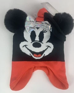 NEW DISNEY MINNIE MOUSE Pom Pom Beanie Hat & Gloves 2 Pc Set Red Black Girls - Picture 1 of 6