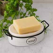 French Country White VINTAGE SOAP DISH Farmhouse Black Metal Holder NEW Ceramic