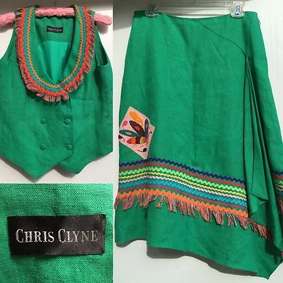 Falda y Chaleco Vintage Chris Clyne Coloridos Top Lino Ricrac Años 80 Boho Hippie Chic Foto 1 de 4
