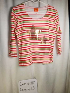 MED Hearts of Palms Women's Cute Red/White Striped w/Christmas Sequins Stars Top - Picture 1 of 6