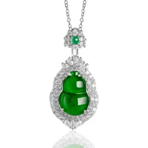 Certified Green Natural A Jade jadeite 925Sterling Silver Gourd Pendant Necklace - Picture 1 of 10