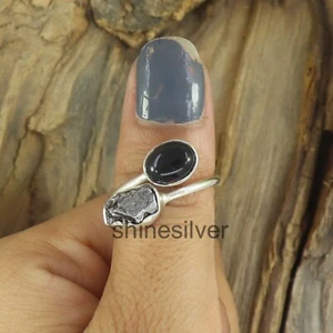 Raw Meteorite Ring Black Onyx Adjustable Sterling Silver Gemstone Ring - Picture 1 of 4