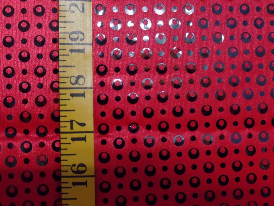 BLACK FOIL DOTS  CIRCLES ON RED  SATIN POLYESTER FABRIC  2  YARDS - Image 1 of 1