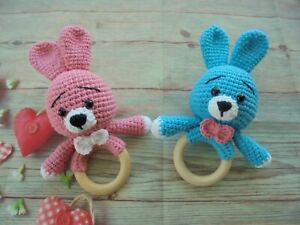 Crochet Baby Rattle Bell Bunny Rabbit Toy Teether Wooden Teething Ring Knit Toys