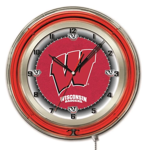 Wisconsin Badgers HBS Neon Red "W" Logo College Battery Powered Wall Clock (19") Cover