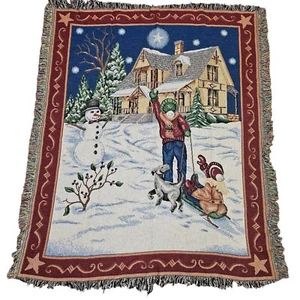 Vintage Christmas Snowman Children Home Scene Tapestry Throw Blanket 50x60 - Picture 1 of 10