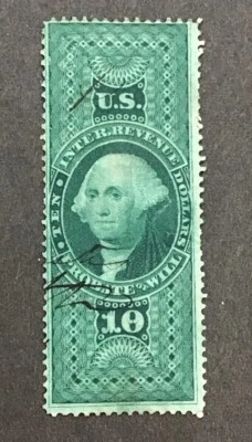 U.S.1862-1871  VF Used $10 Green PROBATE WILL  Sc#R96c.    (ED) - Image 1 of 2