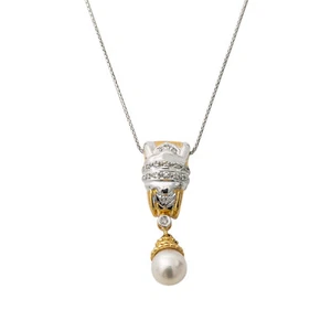 14K White Yellow Gold Diamond Pearl Pendant White Gold Necklace 18" 5.3 Grams  - Picture 1 of 2