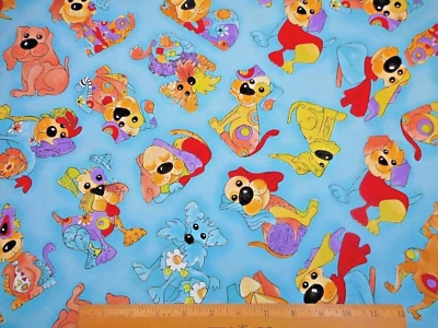Loralie Designs Fabric By Half-Yard Joyful Puppy Dog Turquoise Blue Cotton #C - Image 1 of 2