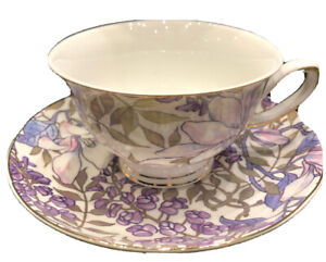 GRACE'S TEAWARE PINKISH WHITE CROCUS FLOWERS PURPLE TEA CUP AND SAUCER NEW