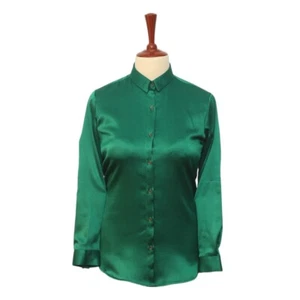 Womens Silky Satin Shirt Green Blouse Button Up Casual Dressy Top Medium Work - Picture 1 of 7