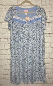 Medium/Large New Cotton Knit Blue White Floral Prairie Print Gingham Nightgown - Picture 1 of 13