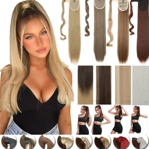 Clip largo recto envolvente alrededor cola de caballo en extensión de cabello como cabello humano natural - Imagen 1 de 63
