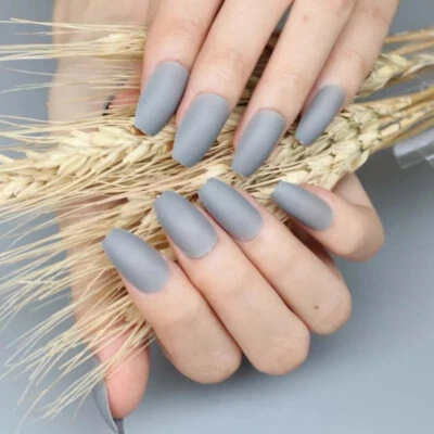 24 Medium press on nails kit w glue matte gray light grey ghostly - Image 1 of 4
