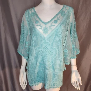 Sapphire XL beach Boho sheer crochet festival flutter sleeve whimsy top cruise - Picture 1 of 8