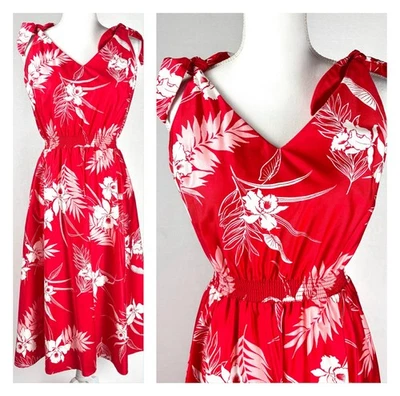 Malihini Hawaii Dress Red White Vintage 60s Style 9702 Fit & Flare Sundress Med - Image 1 of 4
