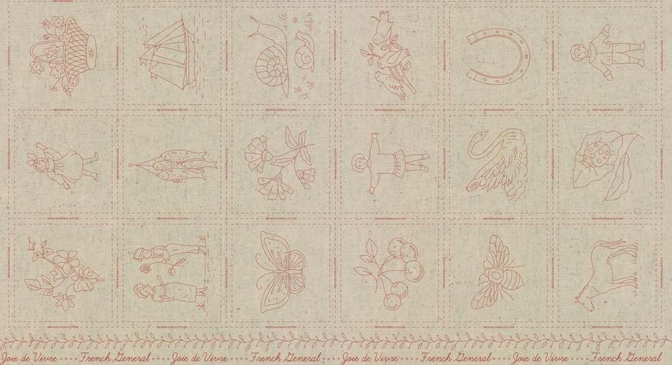 Joie De Vivre Broderie Linen Panel 13989 11L Rouge by French General for Moda - Image 1 of 1