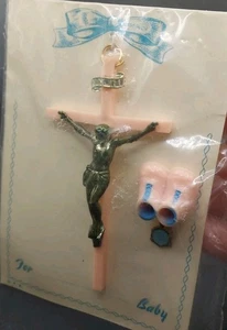 Baby Wall Crib Cross Crucifix Baptism Gift Girl 3.75" Silver W/Medallion Pin Vtg - Picture 1 of 10