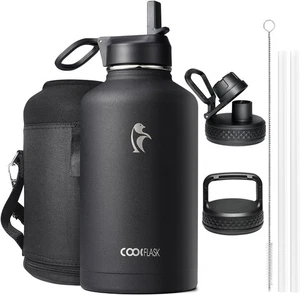 Coolflask Insulated Water Bottle 2L - 3 Lids with Straw & Spout & Handle, Leakpr - Picture 1 of 7
