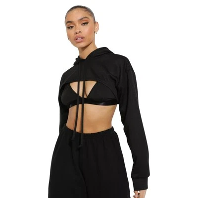 Boohoo Negro Super Crop Sudadera Deportiva con Capucha Talla 10 - Nueva Con Etiquetas Foto 1 de 4