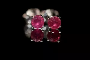 14k White Gold Round Natural Ruby Gemstone July Birthstone Earrings Studs 4mm - Picture 1 of 9