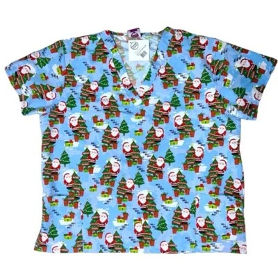 Devine Curves Scrub Christmas Top Women V Neck Short Sleeve Santa Blue Plus 3X - Image 1 of 4