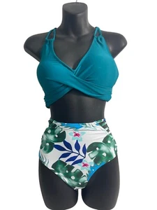 Cupshe Teal & Tropical Leaf Print High Waisted Bikini Set Sz L - New - Picture 1 of 11