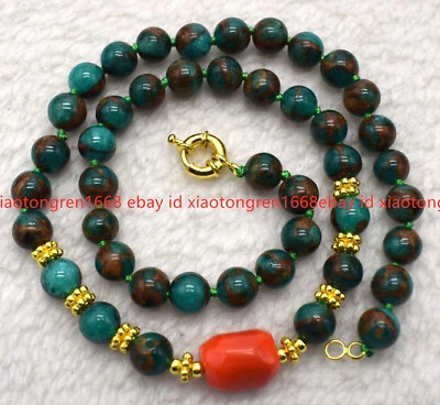 Collar hecho a mano de gemas de pirita verde natural de 8 mm y gemas de coral irregulares 16-24 pulgadas Foto 1 de 4