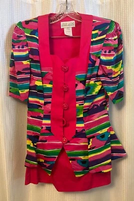 VTG 80s Leslie Lucks Colorful Peplum Top And Skirt Set Size 6 - Image 1 of 4