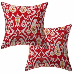 Indian Cotton Ikat Print Kantha Pillow Case Covers 16 x 16 Cushion Covers Pair - Picture 1 of 5