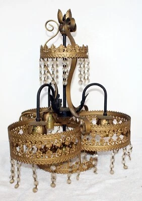 Intricate Vintage Antique Stamped Metal Lace Tiered Chandelier w/ Crystal Prisms - Image 1 of 4