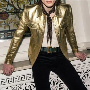 Men's Real Premium Leather Golden Jacket Classic Party Club Wear Biker Jacket - Picture 1 of 4