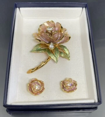 Juego de pendientes broche rosa cristal esmalte oro rosa Graziano England 1997 Foto 1 de 4