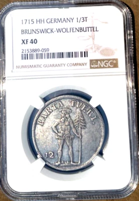 1715 HH German States Brunswick Wolfenbuttel Wildman 1/3 Taler, 12 MG, NGC XF 40 - Image 1 of 2