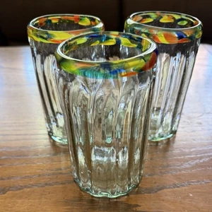 3 Mexican Glass Ribbed Tumblers Confetti Rim Hand Blown. 16 Oz. - Picture 1 of 7