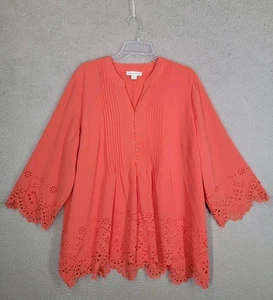 Coldwater Creek 1X Bluse Laser Cut Biesen Plissee Koralle Orange Oberteil Knopfleiste - Bild 1 von 9