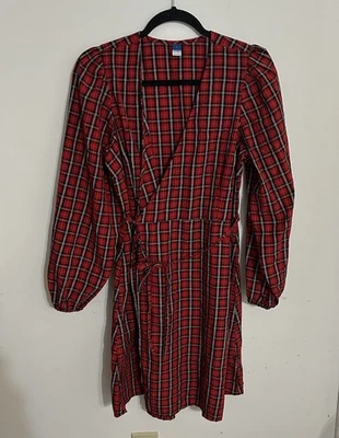 Old Navy Large Red Plaid V-Neck Puff Sleeve Seersucker Mini Wrap Dress Holiday - Image 1 of 4