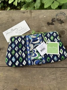 New w/ Tag Vera Bradley Mosaic Double Kisslock Clutch Wallet Navy, Green & White - Picture 1 of 11