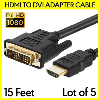 5 Pack 15 Feet DVI to HDMI Cable Adapter Connector Converter Monitor TV PC Cord - Image 1 of 4