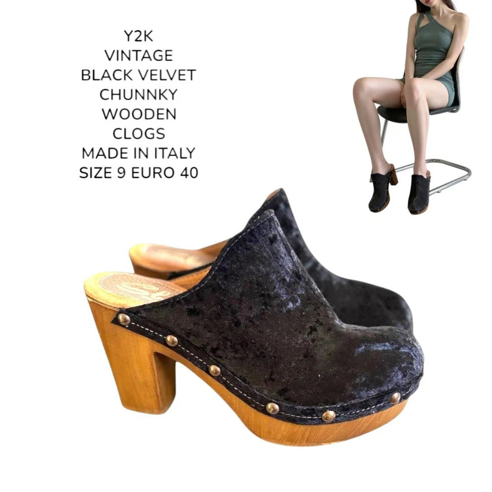 MADE IN ITALY BLACK VELVET STUDDED CLOGS SANDALS BY SBICCA US 9/EURO 40 - Image 1 of 4