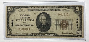 1929 $20 Cedar Rapids Small Size National Bank Note - Picture 1 of 2