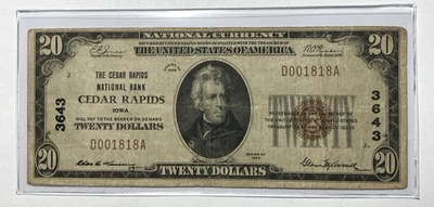 1929 $20 Cedar Rapids Small Size National Bank Note - Image 1 of 2